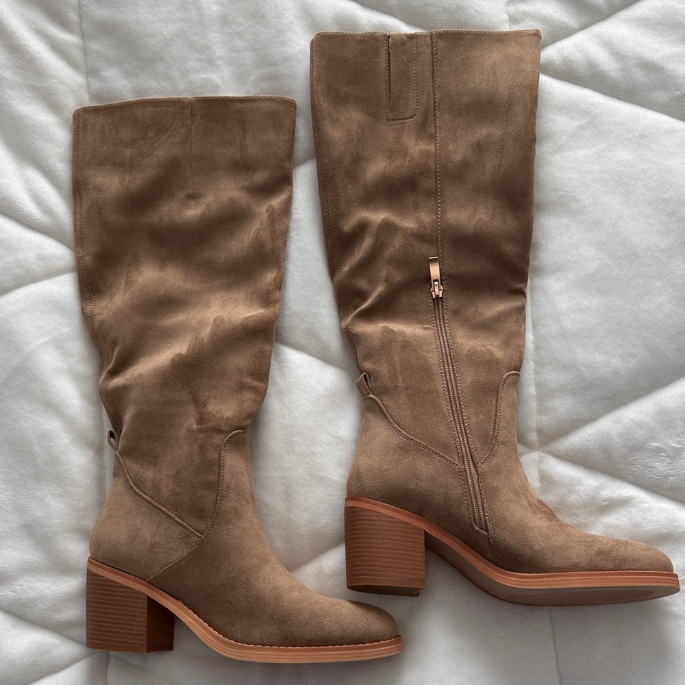 NEW Knee-High Suede Block Heel Boots - Tan